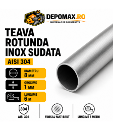 Teava rotunda inox sudata AISI 304, 8 x 1 mm, 6 metri